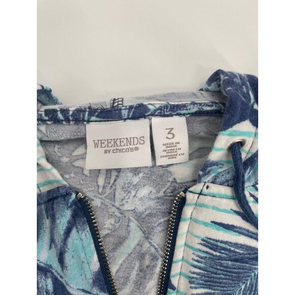 Chicos Weekends Womens Large Hooded Zip-Up Sweater Blue Green Tropical Print - Picture 4 of 7